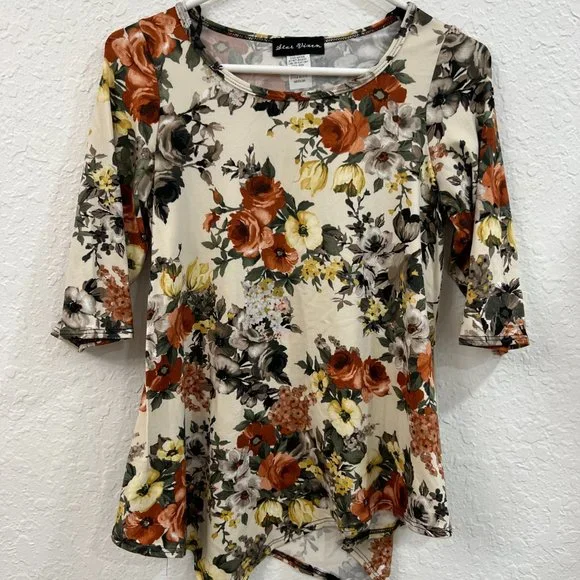Star Vixen Women's Elbow Sleeve Hanky Hem Tunic Size Medium Light Floral - Picture 4 of 5